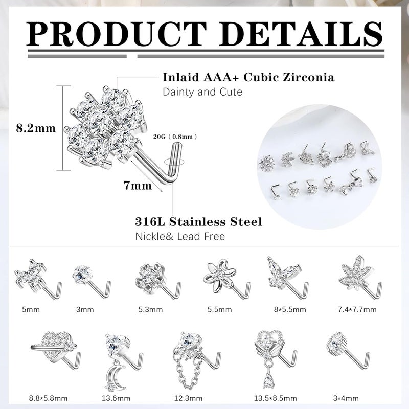 Sanfenly 12 PCS 20G Nose Rings Surgical Stainless Steel, L Shaped Nose Studs for Women Men, CZ Heart Butterfly Flower Leaf Moon Dangle Cute Nose Piercings Studs Screw Jewelry Pink/Purple/Blue/Clear - Image 5
